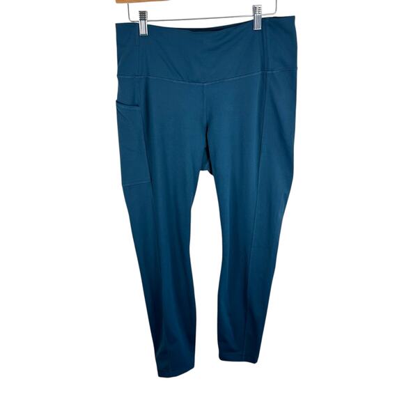 Columbia Teal Blue Cropped Skinny Stretchy Athletic Leggings Pockets Size L - Picture 1 of 6